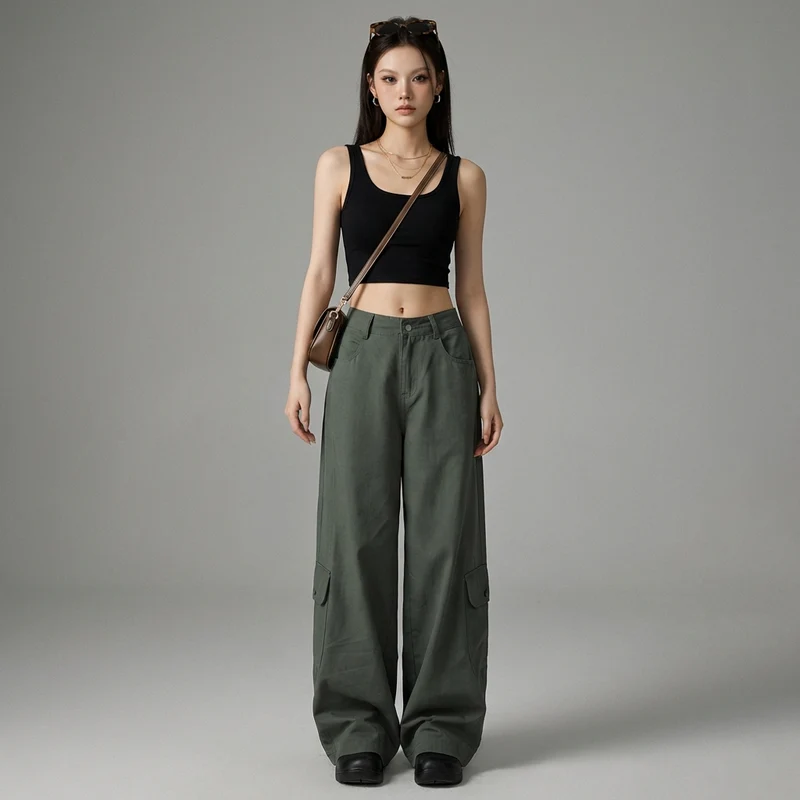 Pantalon Cargo Taille Haute Vert Militaire