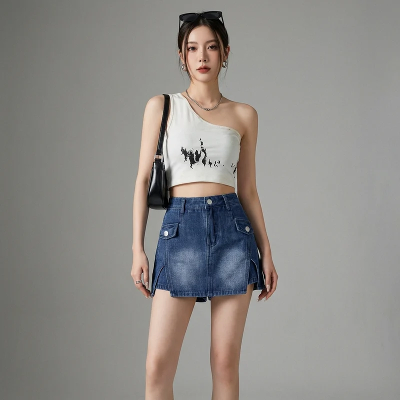 Mini-Jupe Denim Taille Haute