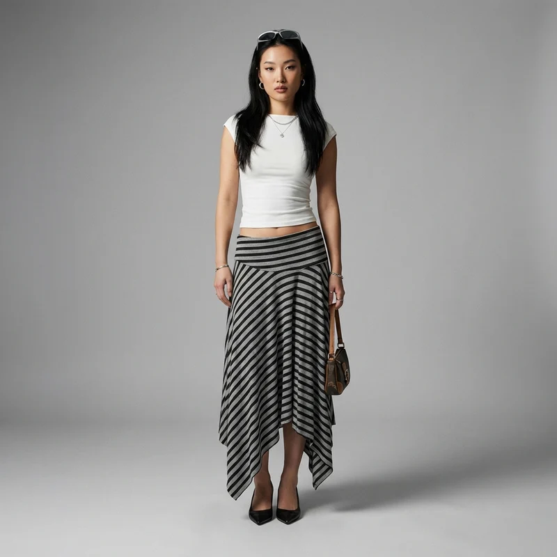 Jupe Midi Asymétrique Rayée