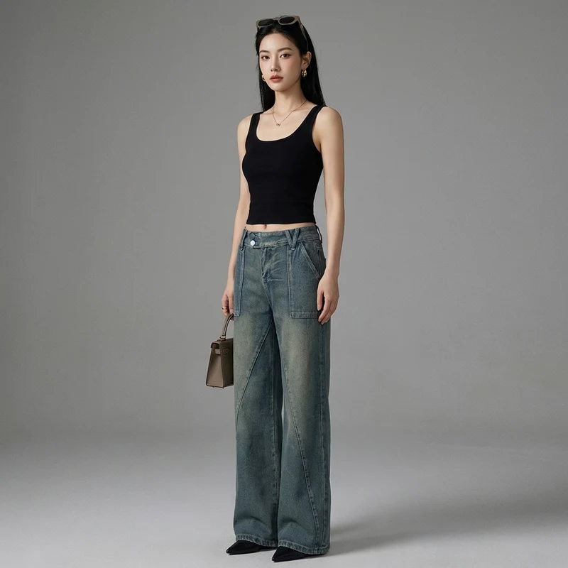 Jeans Taille Basse Fendu Streetwear