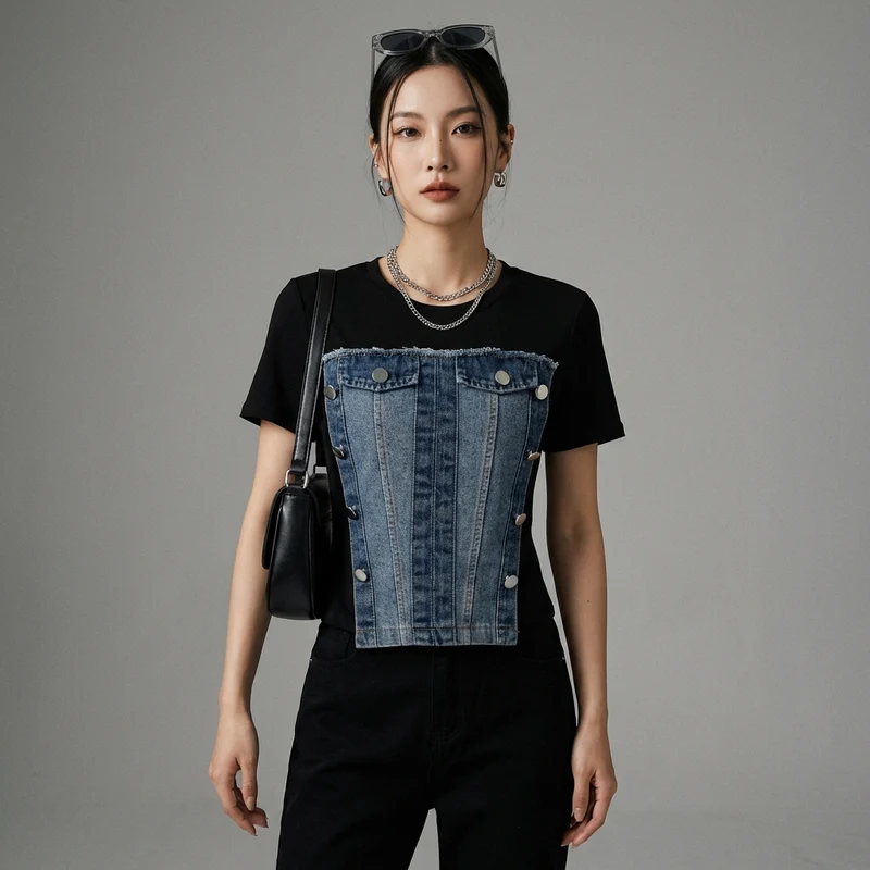 T-shirt Effet Deux Pièces Denim
