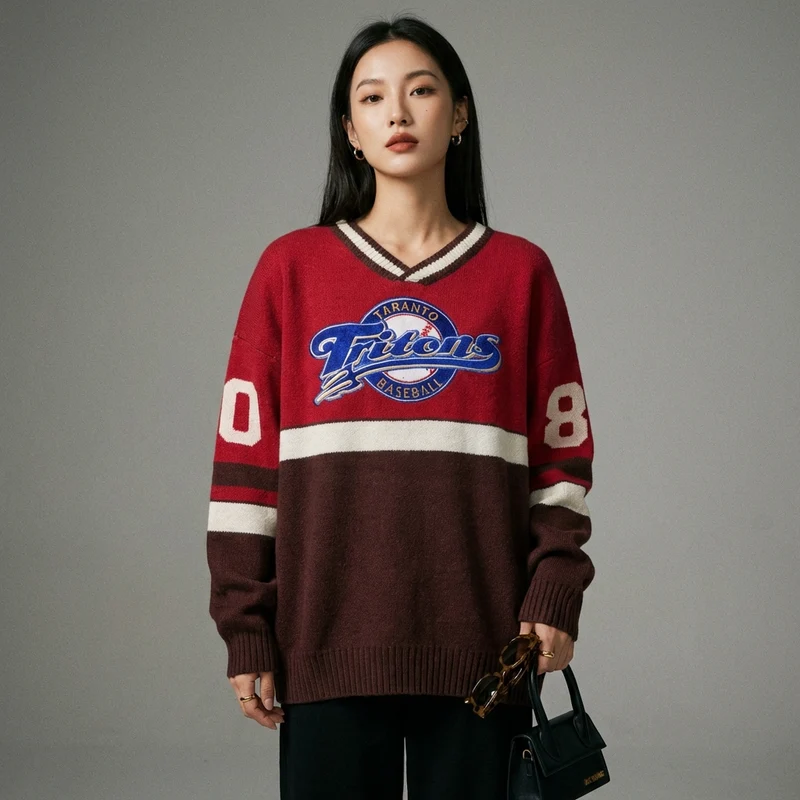 Pull Col V Oversize Brodé