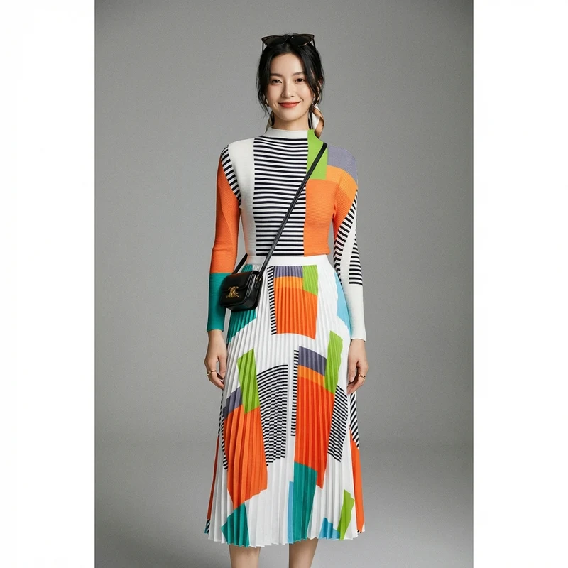 Ensemble Jupe et Haut Plissé Color Block