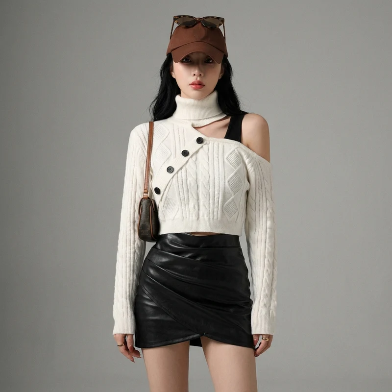 Pull Tricoté Asymétrique Col Roulé