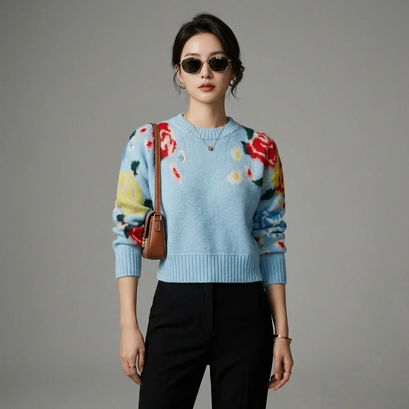 Pull Jacquard Col Rond Colorblock