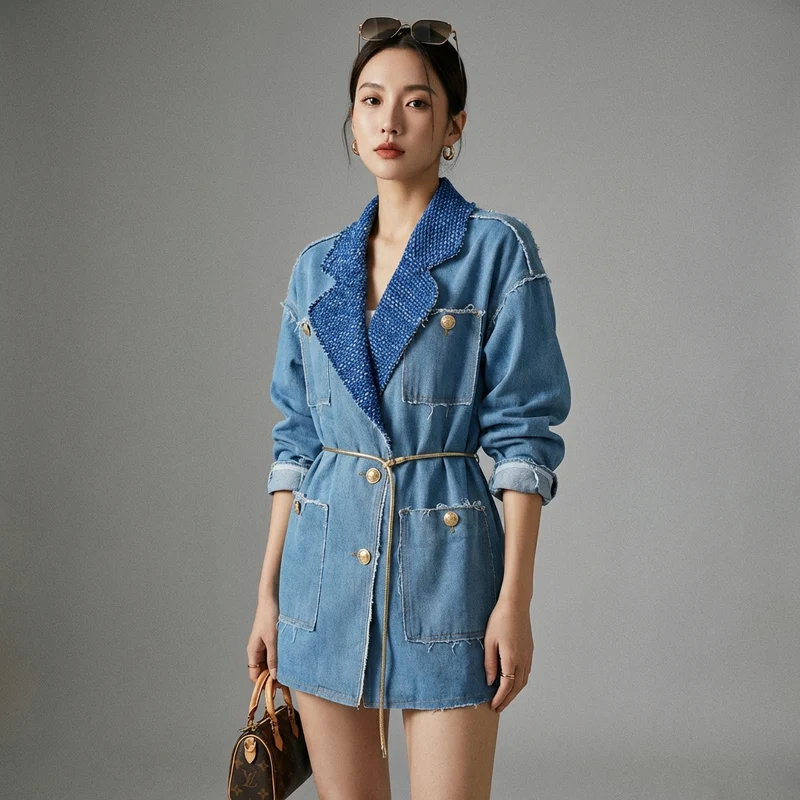 Blazer Denim Décontracté Bicolore