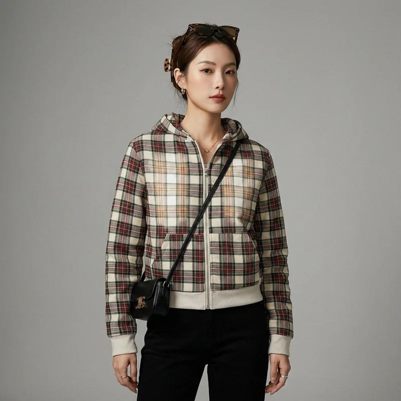 Cardigan à Capuche Rétro Plaid