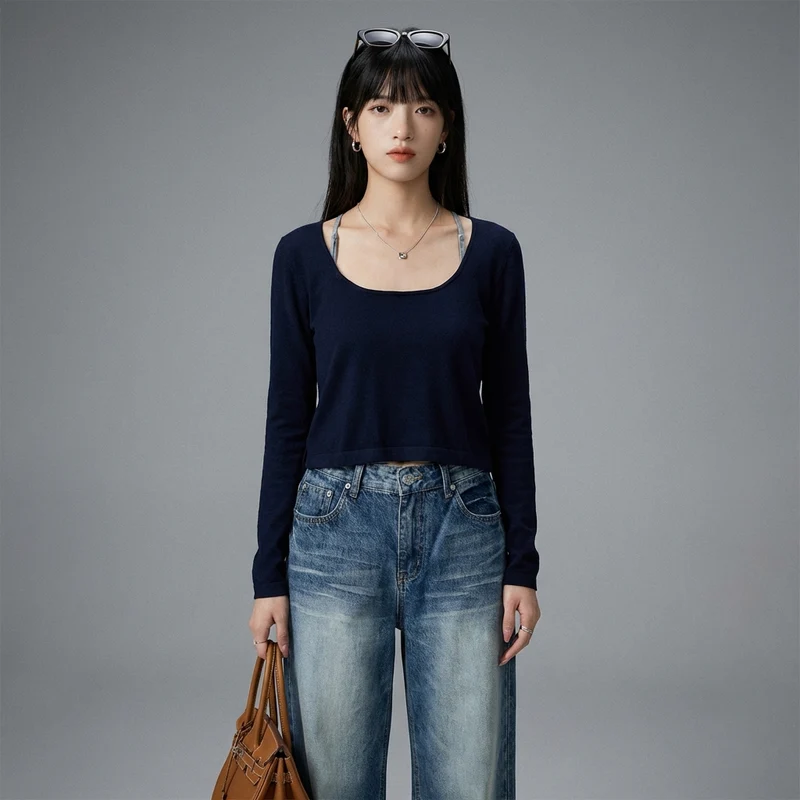T-Shirt Manches Longues Col U Crop Top