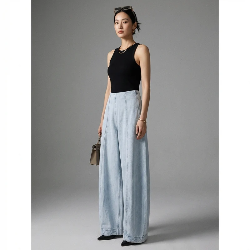 Pantalon Denim Ample Taille Haute