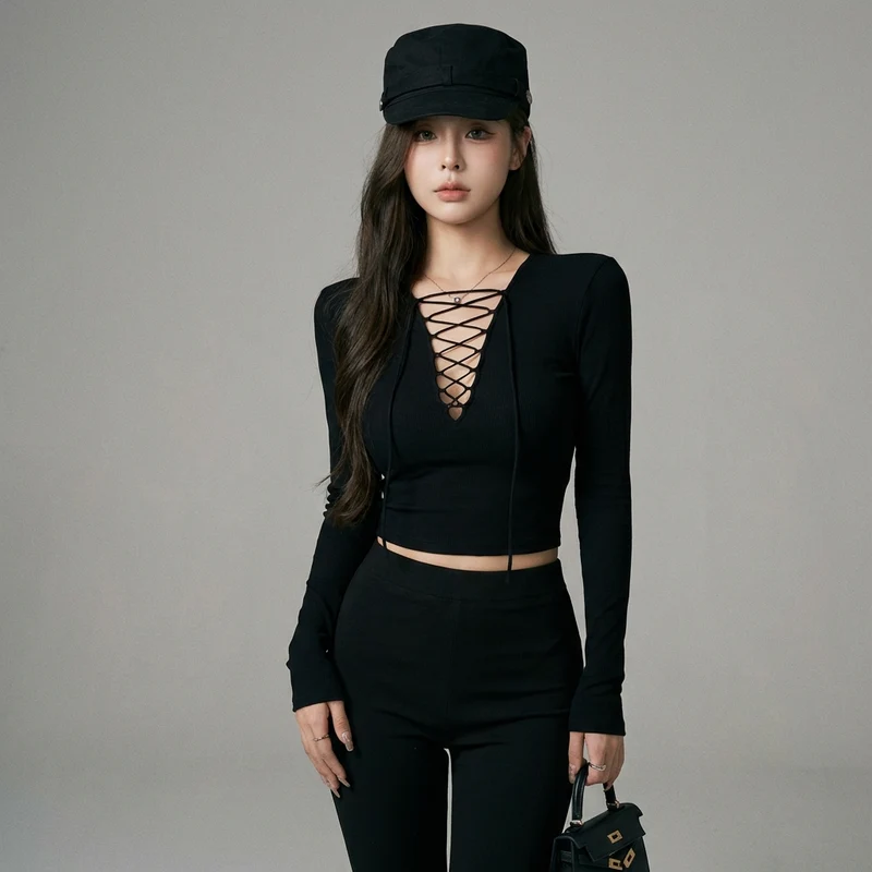 Crop Top Col V Manches Longues