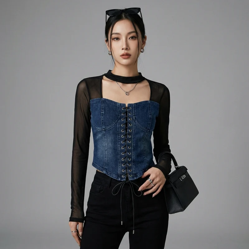 Top Court Effet Mesh et Denim