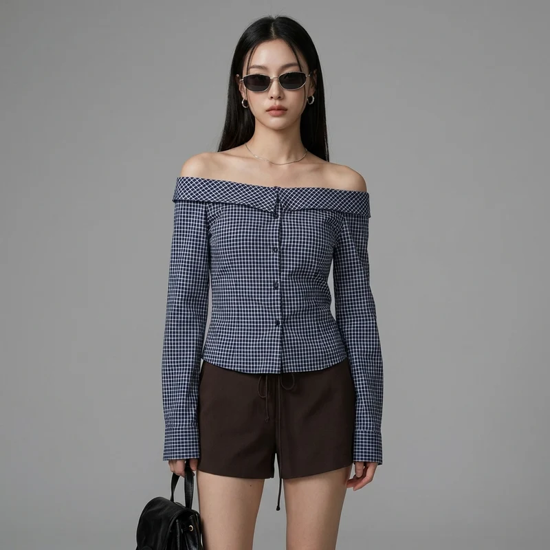 Chemise Carreaux Épaule Dénudée