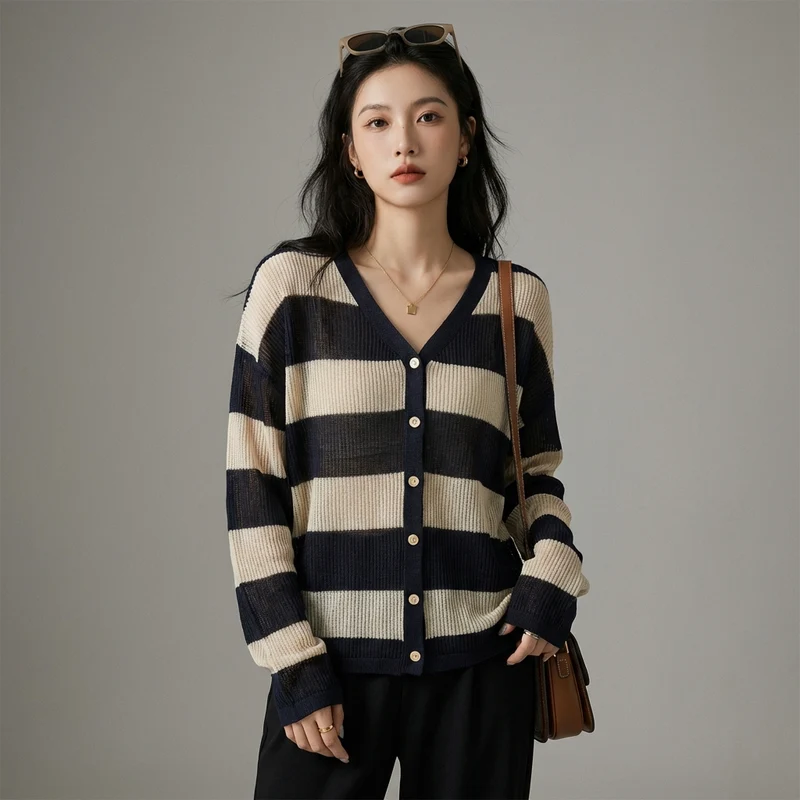 Cardigan Rayé Col V Tricoté