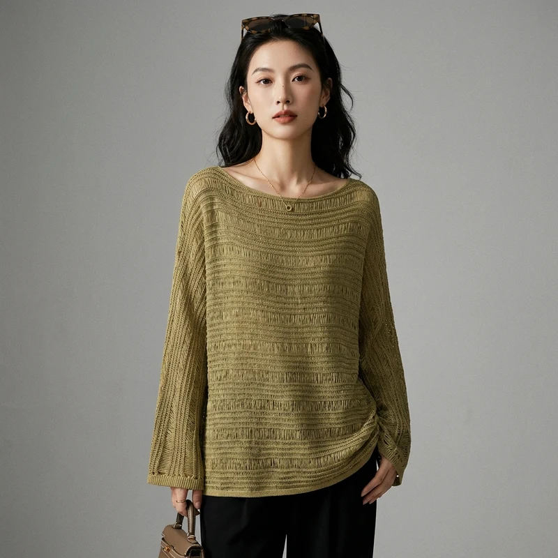 Pull Tricot Col Rond Vert Olive Oversize
