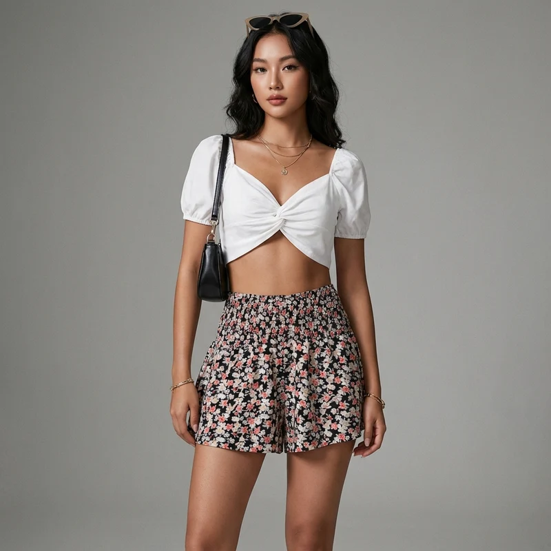 Shorts Taille Élastique Imprimé Fleur de Daisy