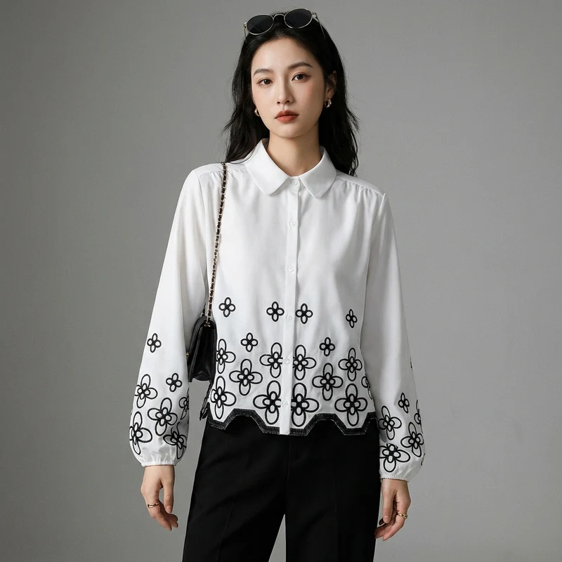 Chemise Brodé à Col Rabattu
