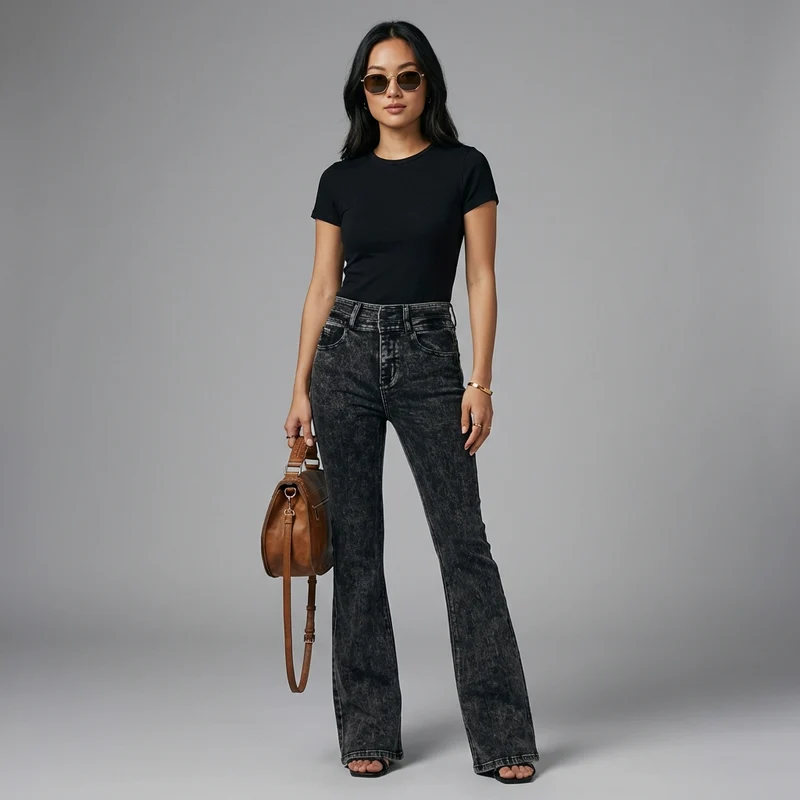 High waisted elastic stir fried snowflake micro flared jeans for women