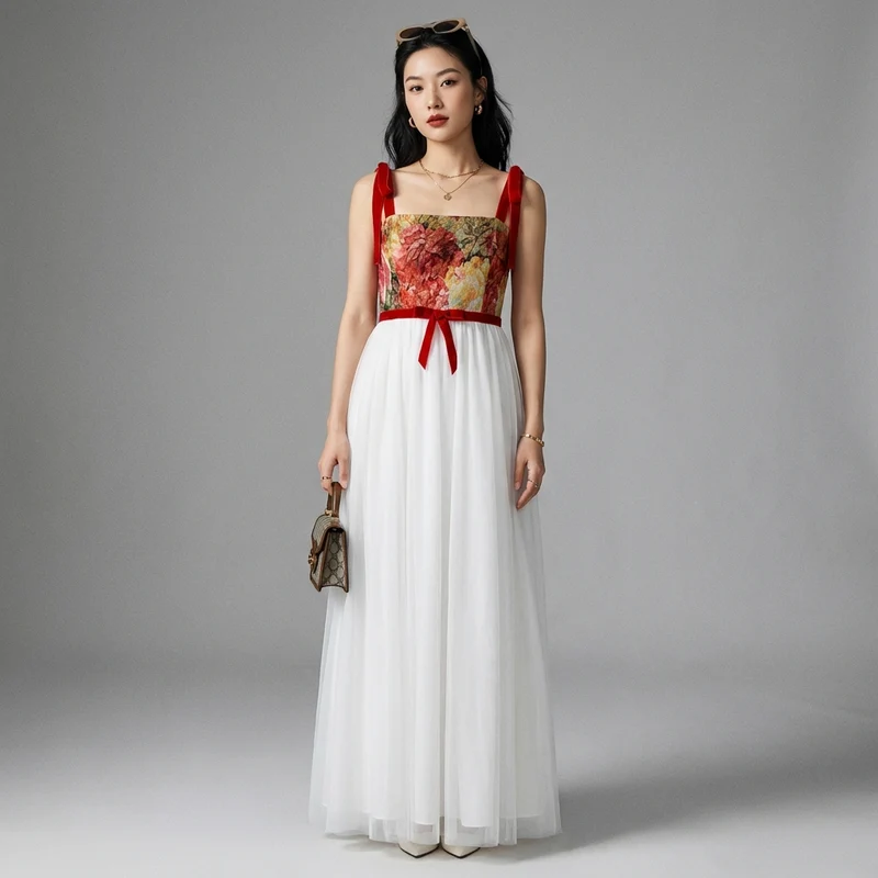Robe Longue Imprimée Dentelle