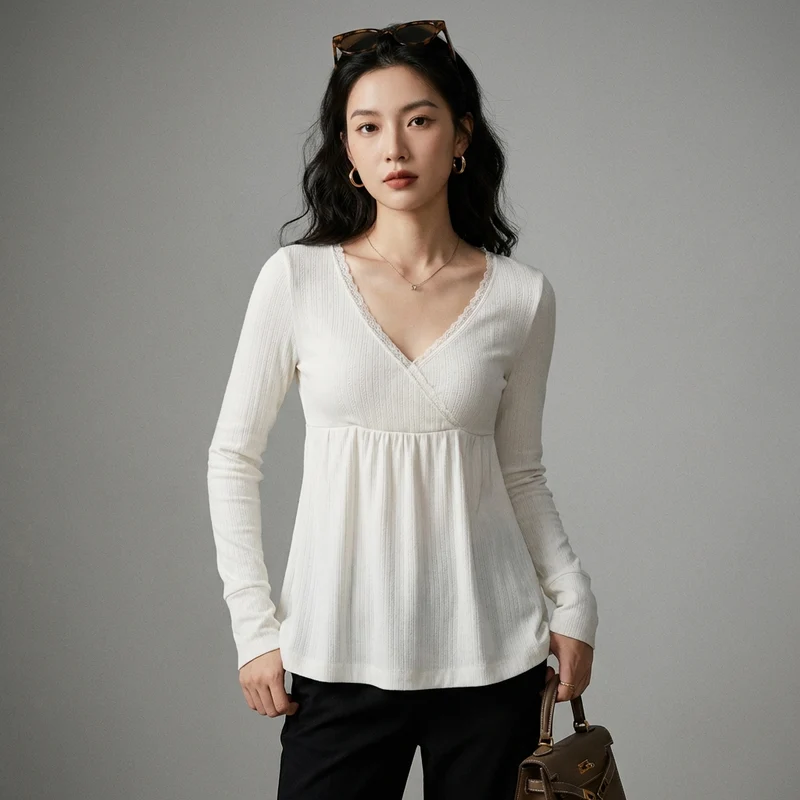 T-shirt Col V Dentelle Manches Longues
