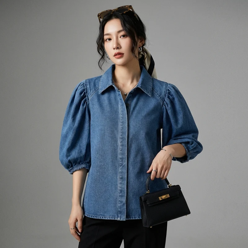 Chemise Plissée Décontractée Bleue