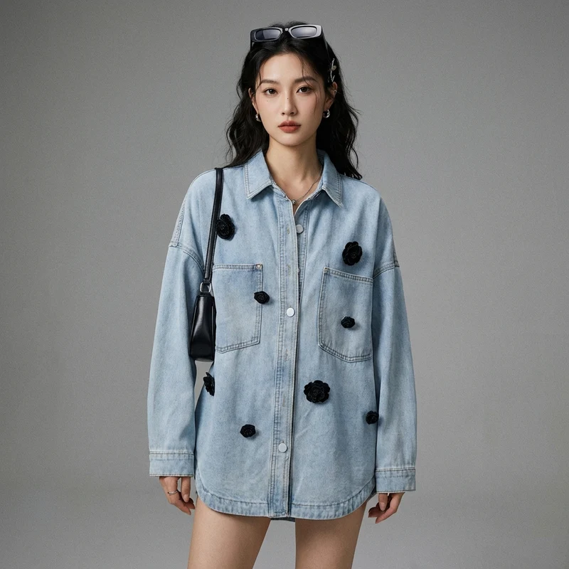 Chemise Denim Fleurie Manches Longues