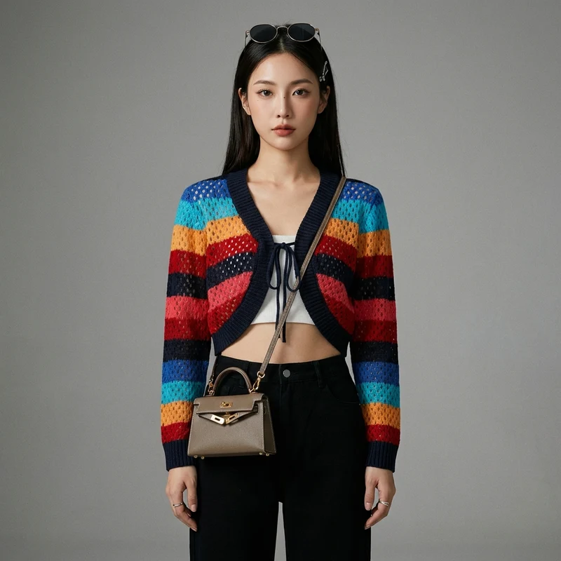 Cardigan Court Tricoté Rayé