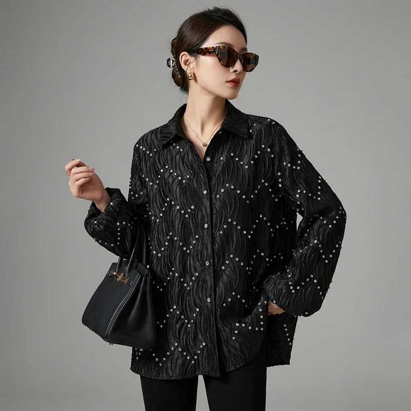 Chemise Col Polo Ornée de Diamants