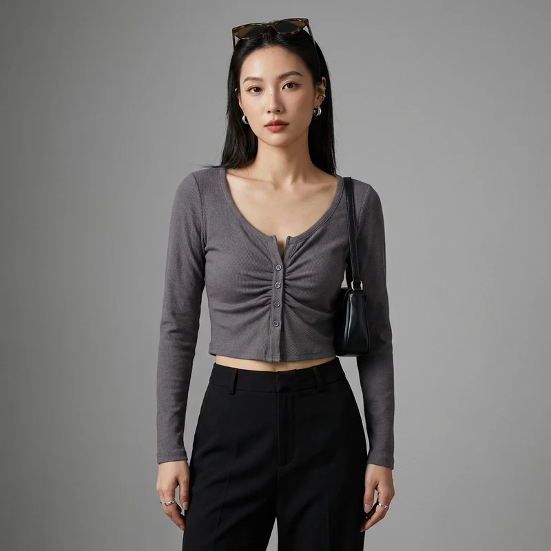 T-shirt Plissé Col V Manches Longues