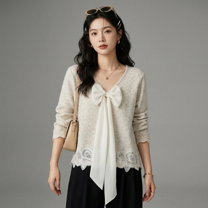 Pull Tricoté Col V Dentelle