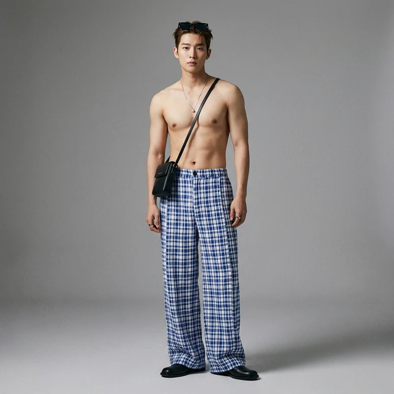 Plaid Casual Long Pants Men's Loose Wide-Leg Straight Elastic Waist Trousers Vibe American Street Style Plaid Versatile Sports Pants