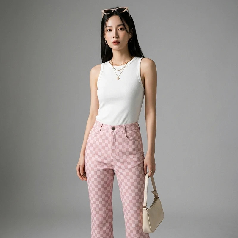Pantalon Évasé Taille Haute Rose à Carreaux