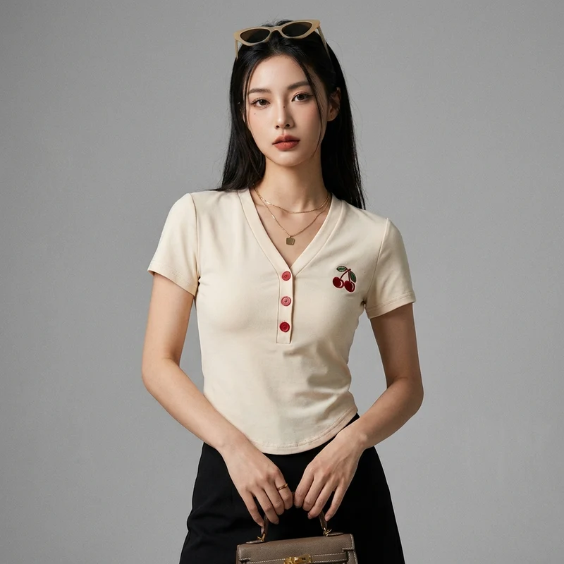 T-Shirt Court Cerises Col V
