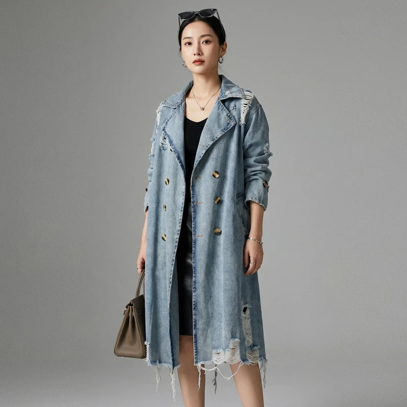 Trench Long en Denim Déstructuré