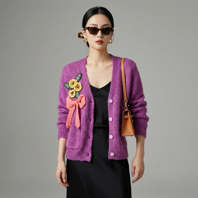 Cardigan Violet Floral Manches Longues