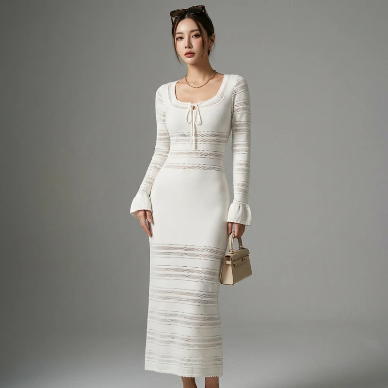 Robe Longue Maille Col Carré