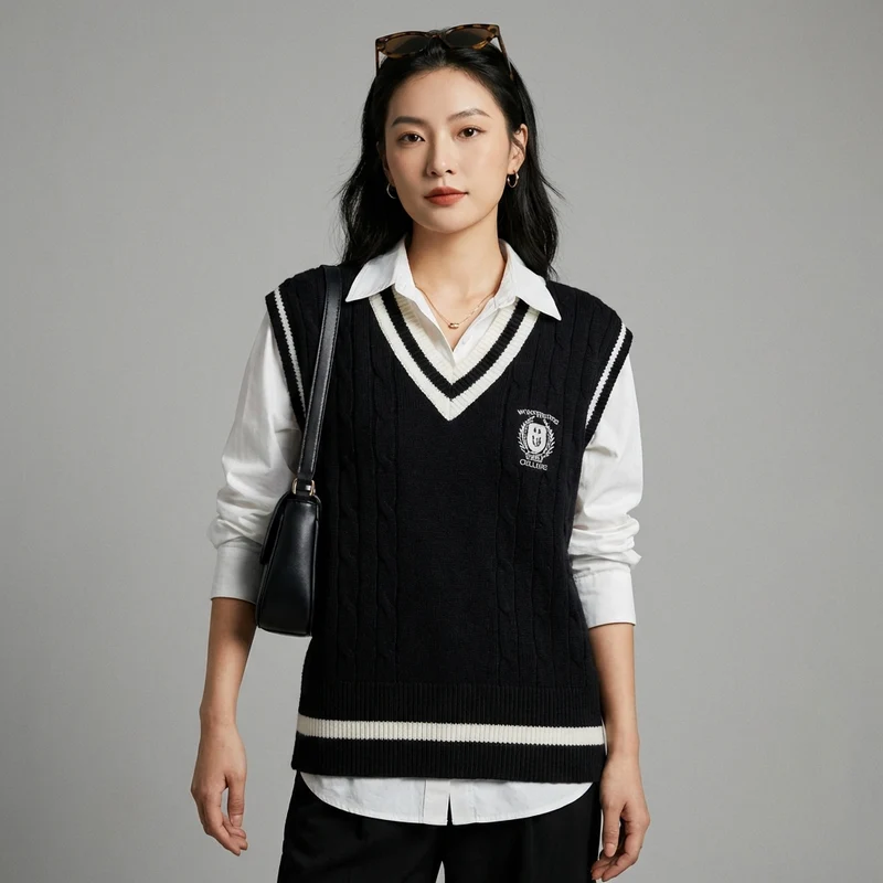 Gilet Pull Col V Bicolore