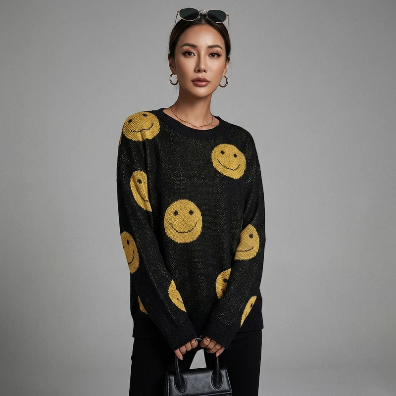 Pull Noir Col Rond Smiley