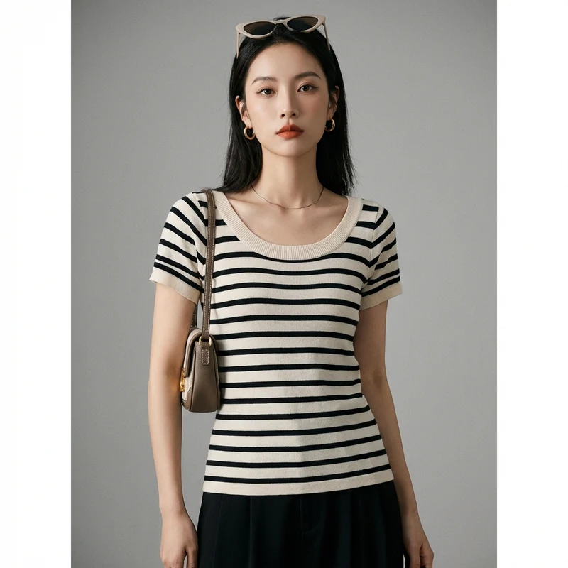 Top Tricot Rayé Manches Courtes