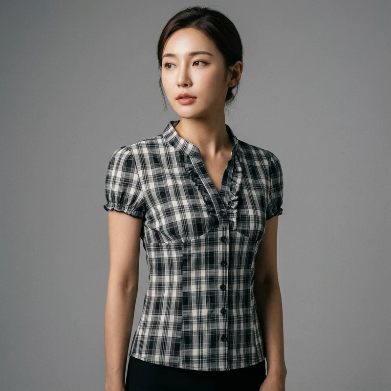 Chemise Coréenne Femme à Carreaux et Volants