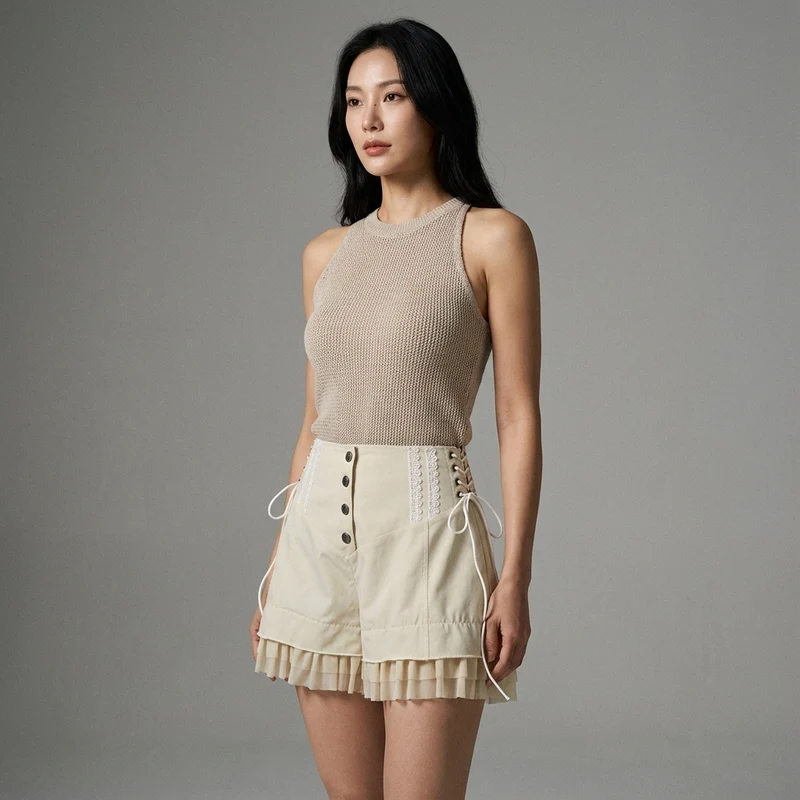 Short Coréen Femme à Lacets Kaki