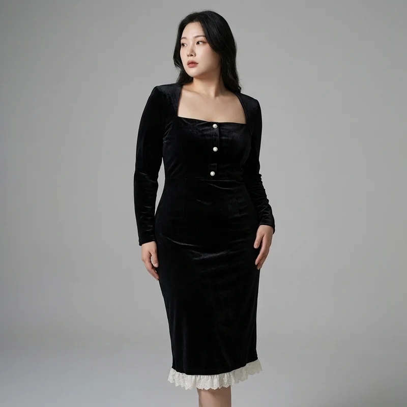 Robe Longue Coréenne en Velours Noir Femme