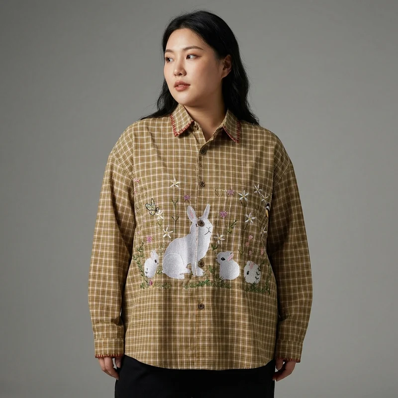 Chemise Coréenne à Carreaux Brodés Unisexe