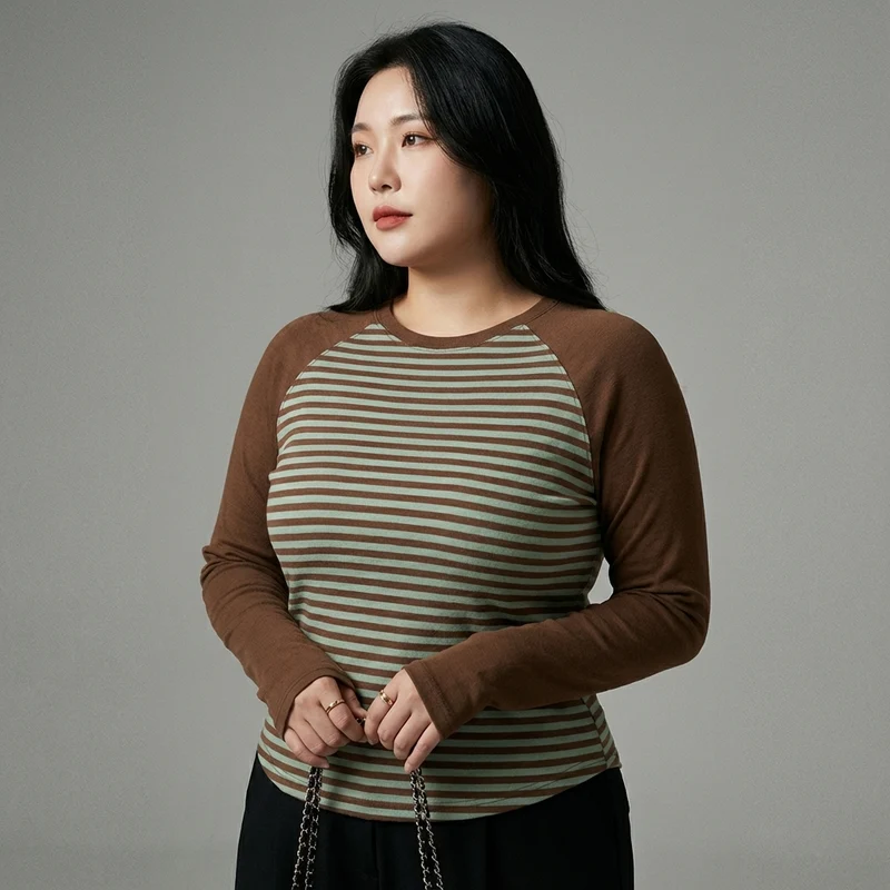 T-Shirt Manches Longues Rayé Coréen Femme