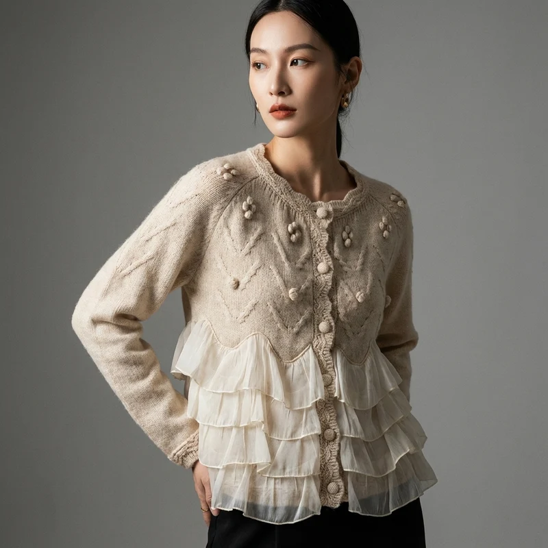 Cardigan Coréen en Cachemire Beige Femme
