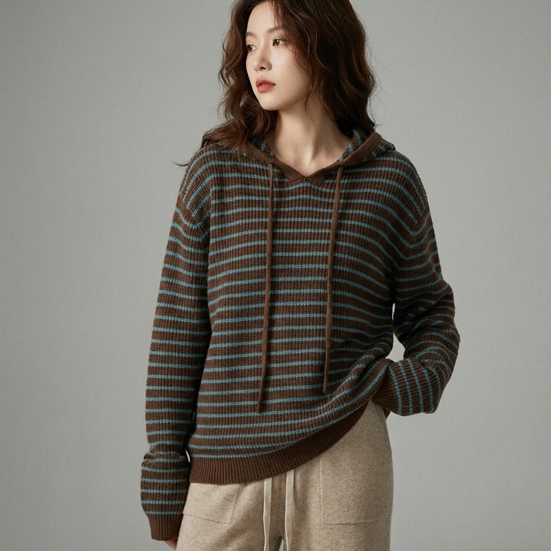 Pull Tricoté Rayé à Capuche Coréen Femme