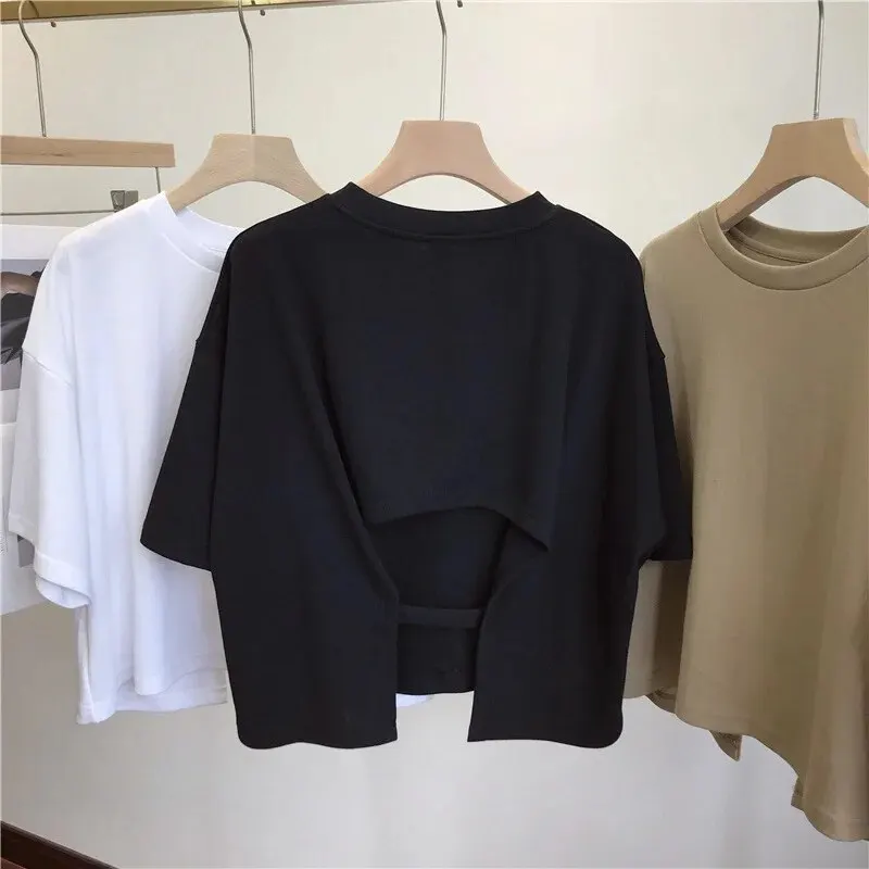Short Backless T-shirt Women Sweet Spicy Style Summer Round Neck Loose Short Sleeve Top Trendy Korean Style Milk Silk Fabric