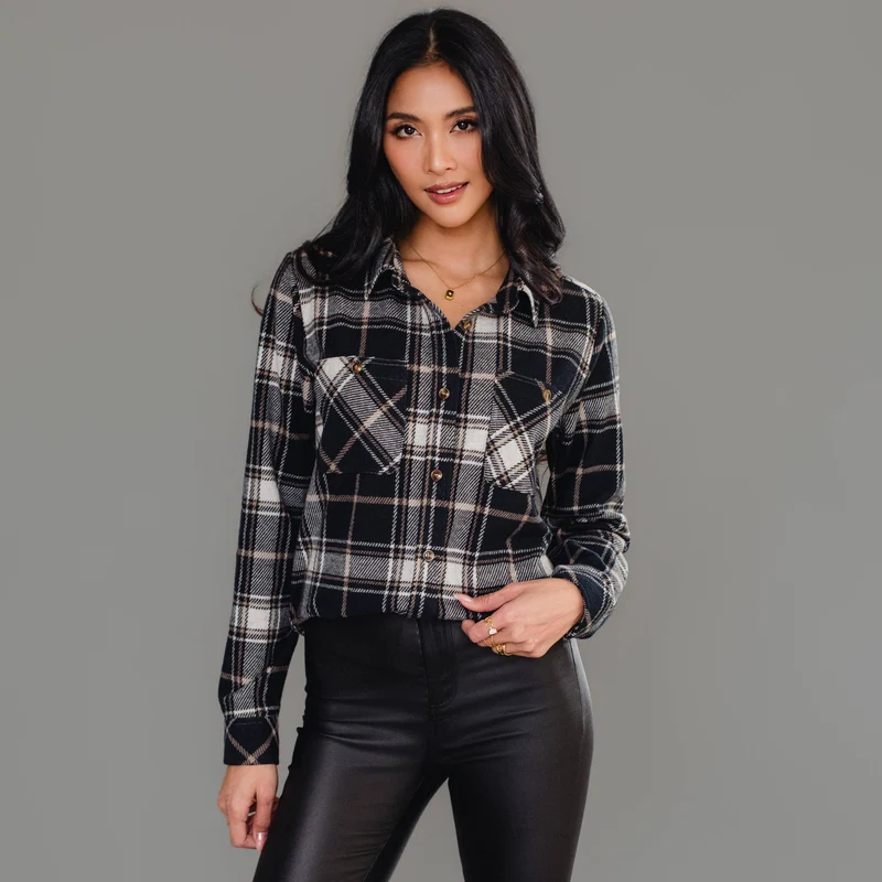 Black, White & Tan Plaid Button Up