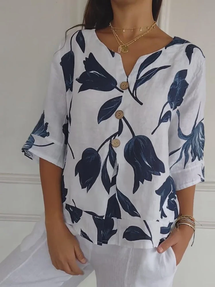 Icone™ FloralBlouse: Avslappnad Löst Passande V-Halsblus Med Blommönster För Kvinnor