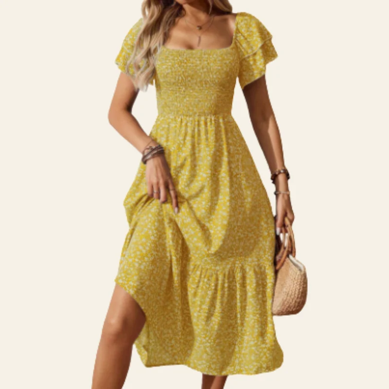Icone™ SunDress - Mångsidig Fyrkantig Halsringning Och Av Skuldra Blommig Midi Solklänning