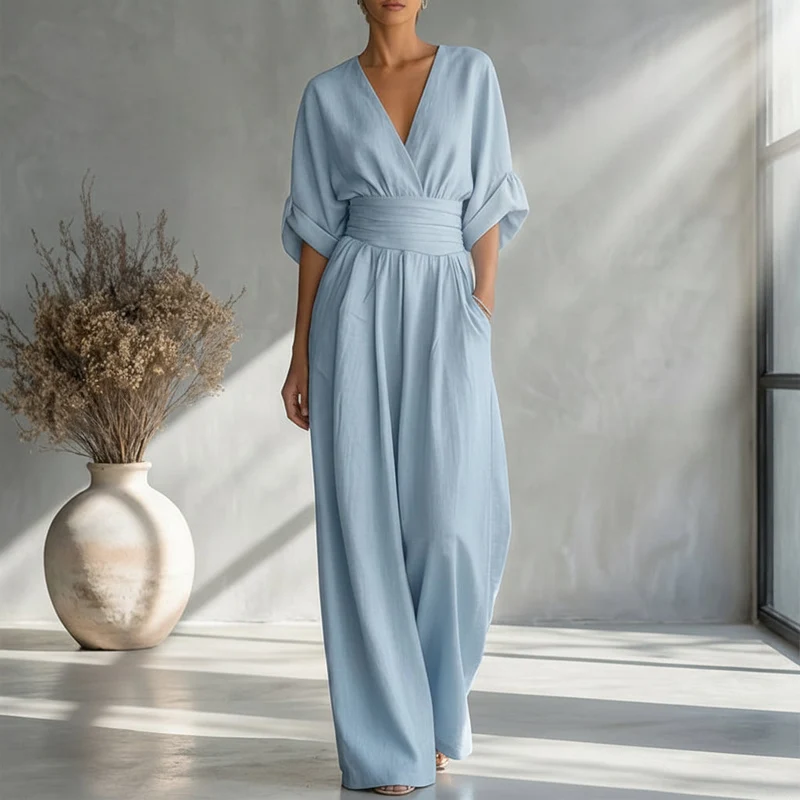 Icone™ ChicJumpsuit: Elegant V-ringad Och Löst Ben Chic Jumpsuit